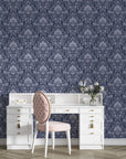 Navy and silver Blushed Whisper damask wallpaper on elegant home office accent wall with white vintage desk