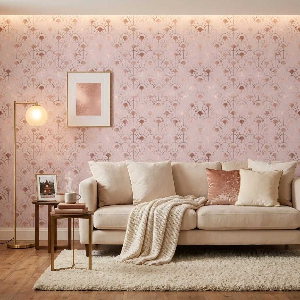 Blushing Arches elegant rose gold art deco wallpaper creating ambiance in a serene bathroom