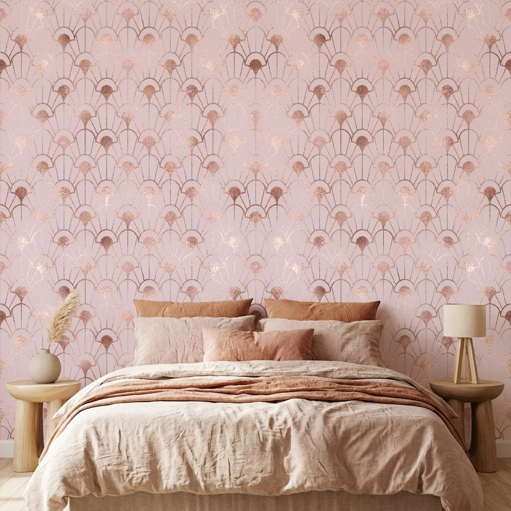 Blushing Arches elegant rose gold art deco wallpaper in a warm and inviting living room