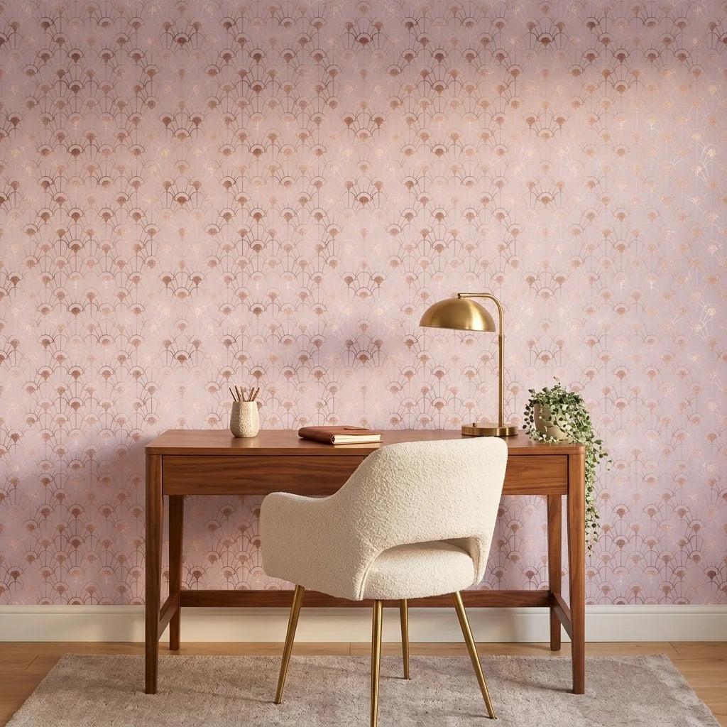 Blushing Arches elegant rose gold art deco wallpaper adding character to a cozy bedroom