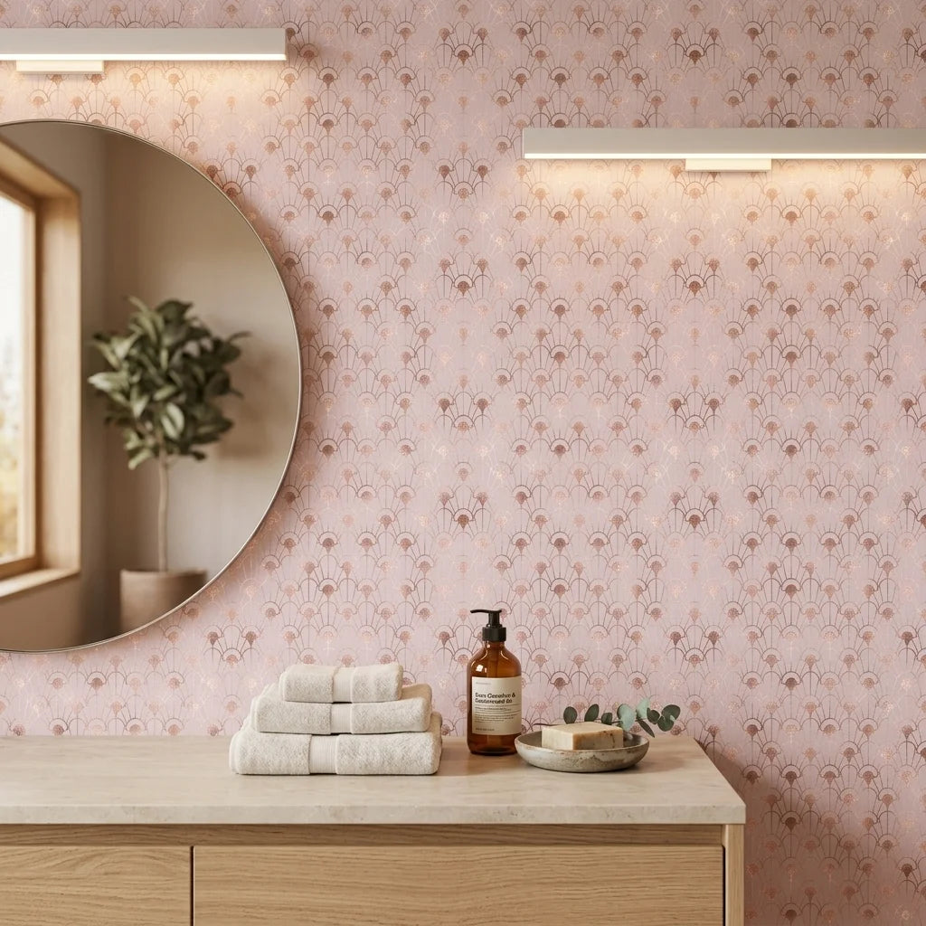 Blushing Arches elegant rose gold art deco wallpaper as a feature wall in a bright home office