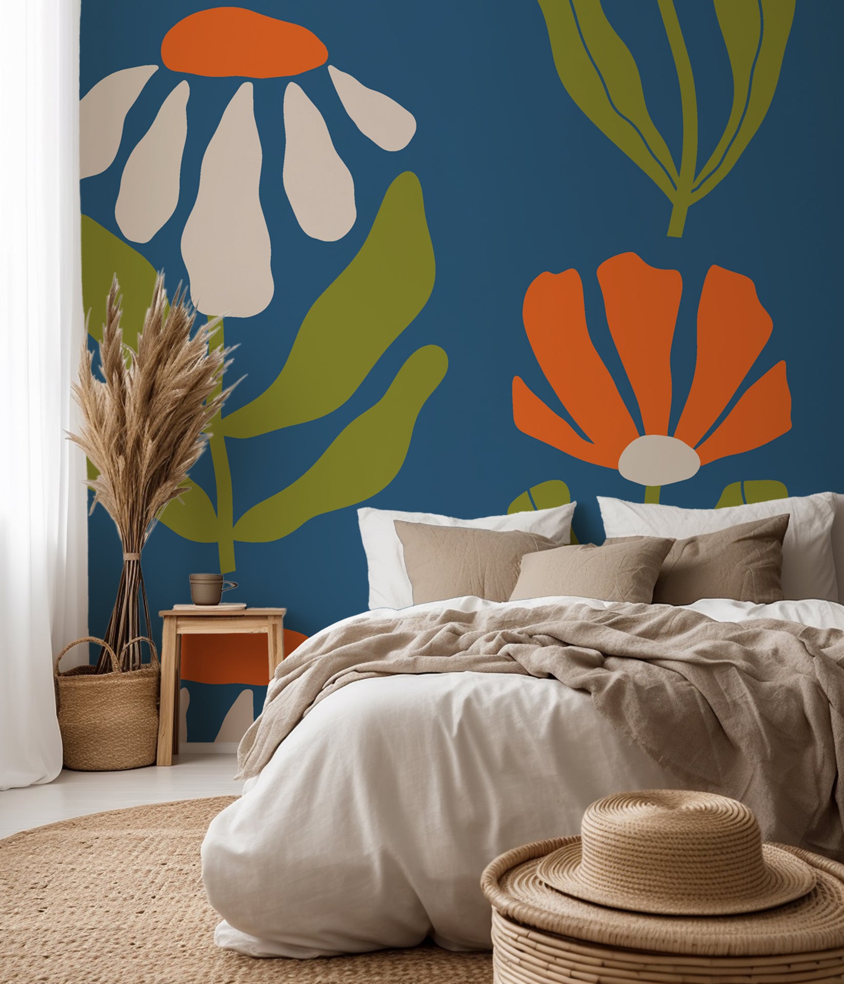 Playful and colorful bohemian daisies for a cheerful and high-energy interior wall.