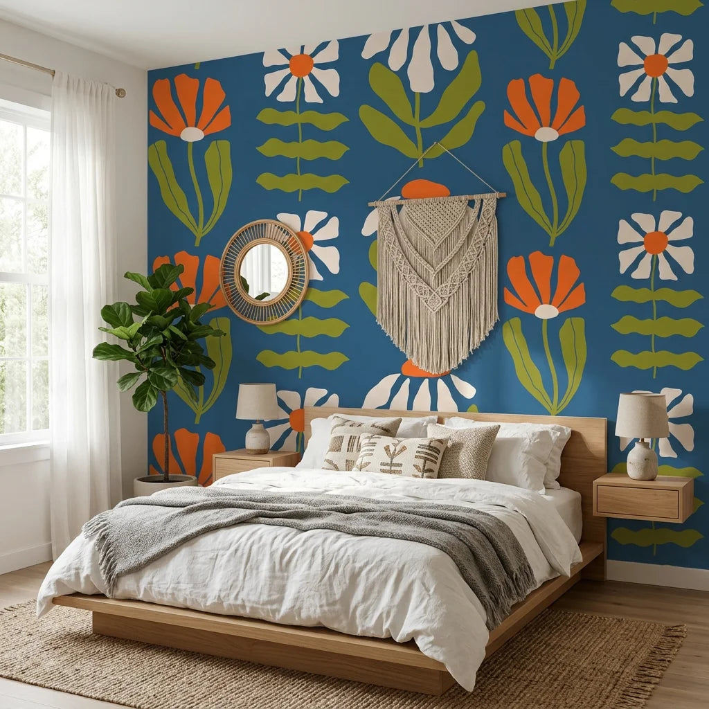 Bohemian Daisy retro floral wallpaper adding character to a cozy bedroom