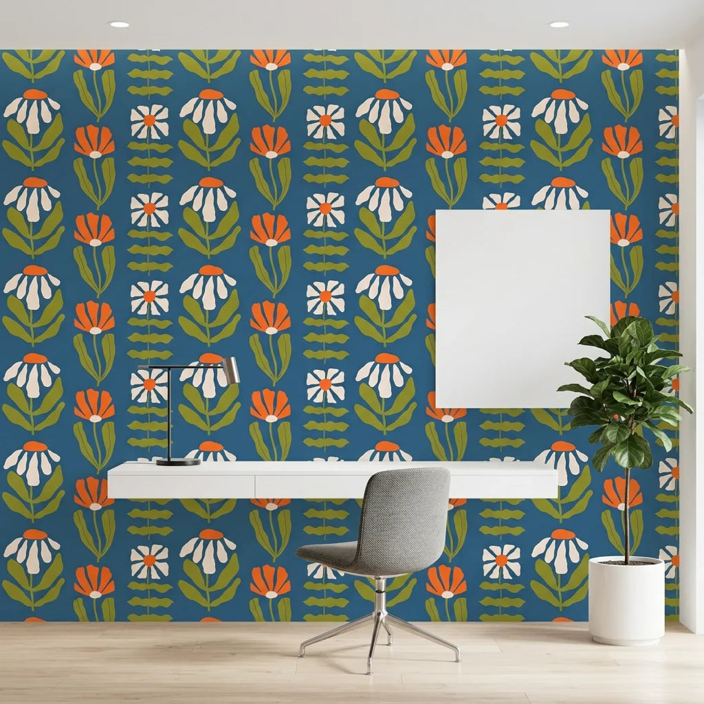 Bohemian Daisy retro floral wallpaper as a feature wall in a bright home office