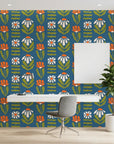 Bohemian Daisy retro floral wallpaper as a feature wall in a bright home office