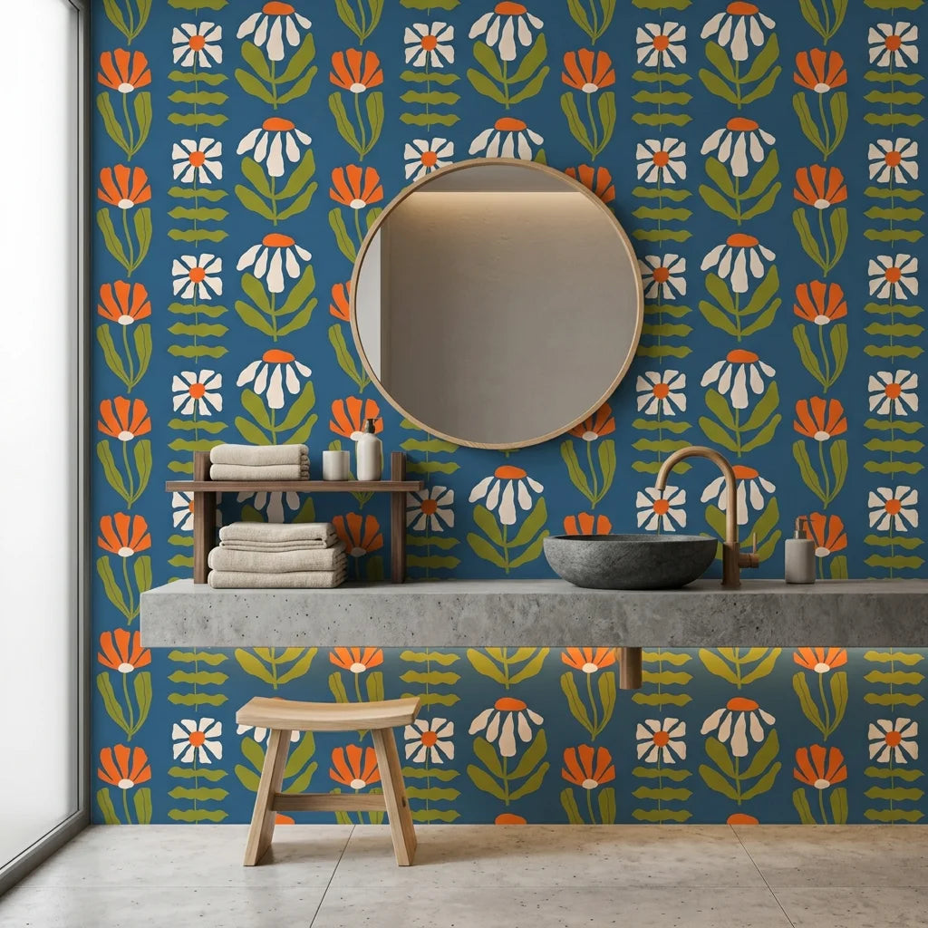 Bohemian Daisy retro floral wallpaper creating ambiance in a serene bathroom