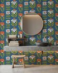 Bohemian Daisy retro floral wallpaper creating ambiance in a serene bathroom