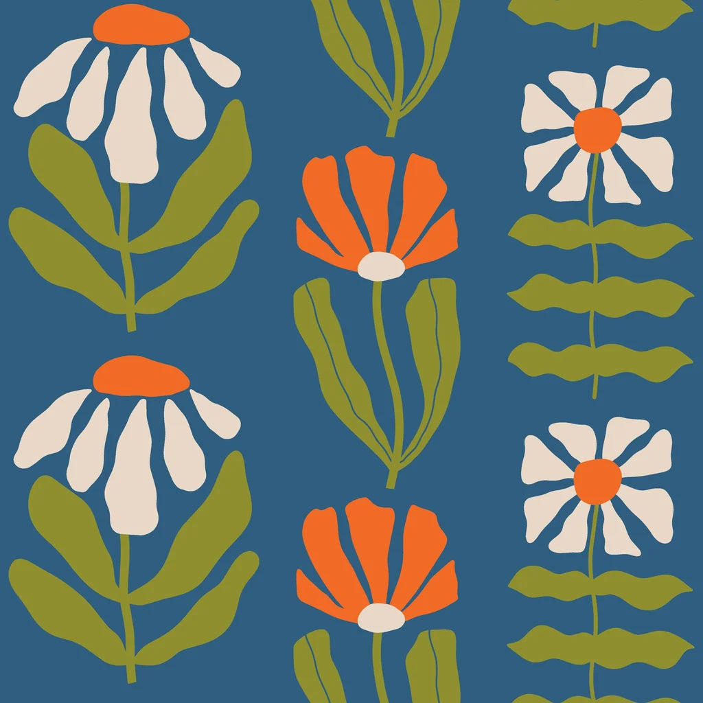 A whimsical, brightly colored, bohemian daisy motif designed for a vibrant indoor surface