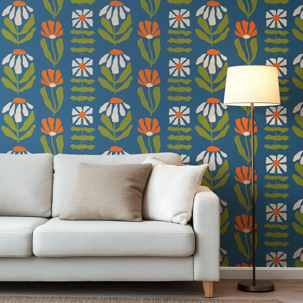 A cheerful and high-energy interior wall covering featuring spirited, brightly colored boho floral patterns