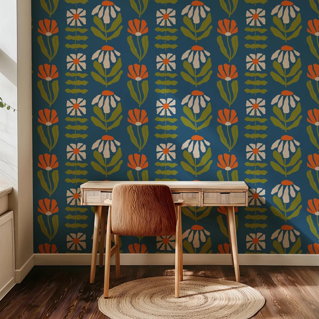 An eclectic, brightly colored daisy mural intended to give an interior wall a fun, bohemian feel