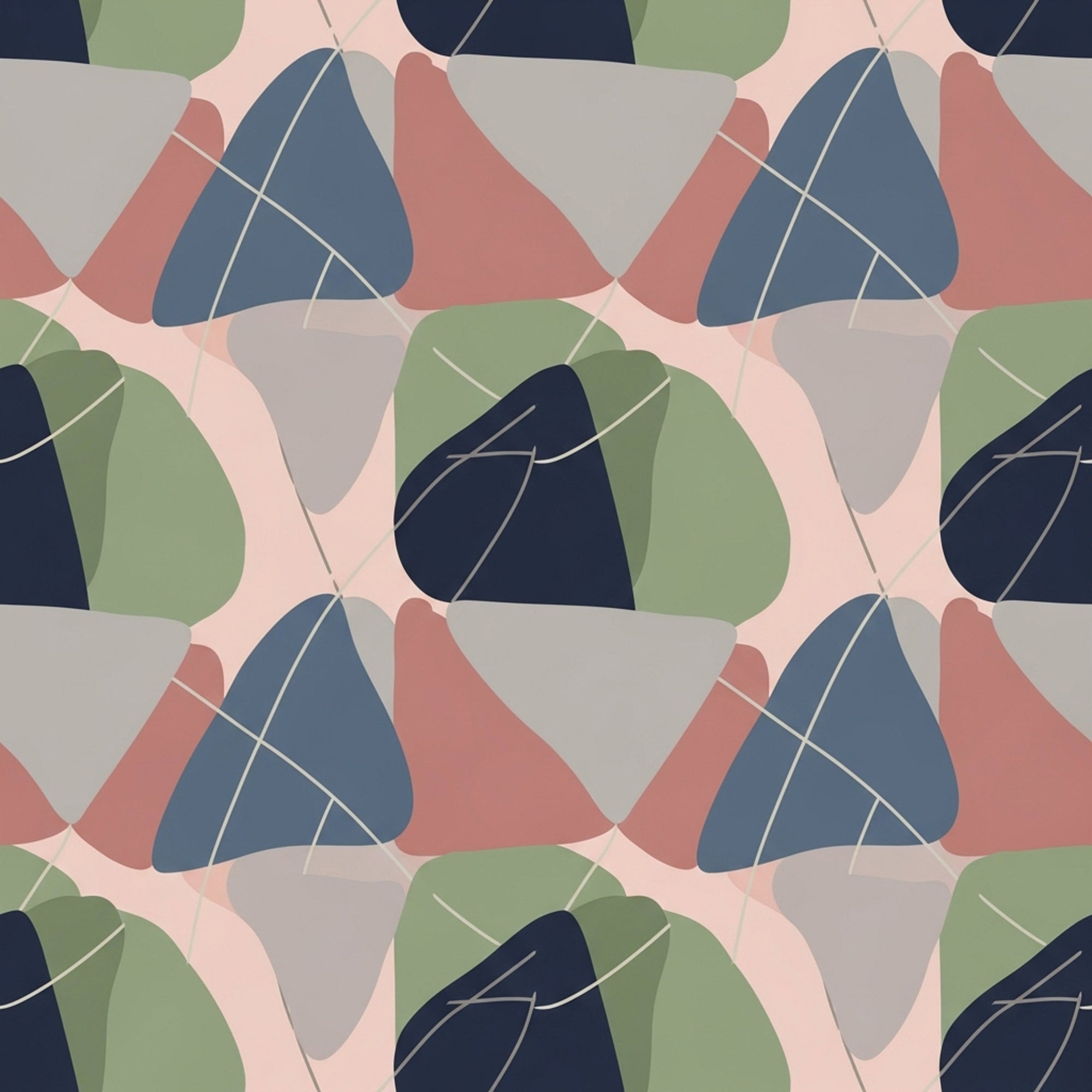An abstract, mid-century modern wallpaper pattern featuring organic, layered forms. It uses a muted color scheme of sage green, navy blue, soft gray, and pink, accented by fine crosshatching lines.