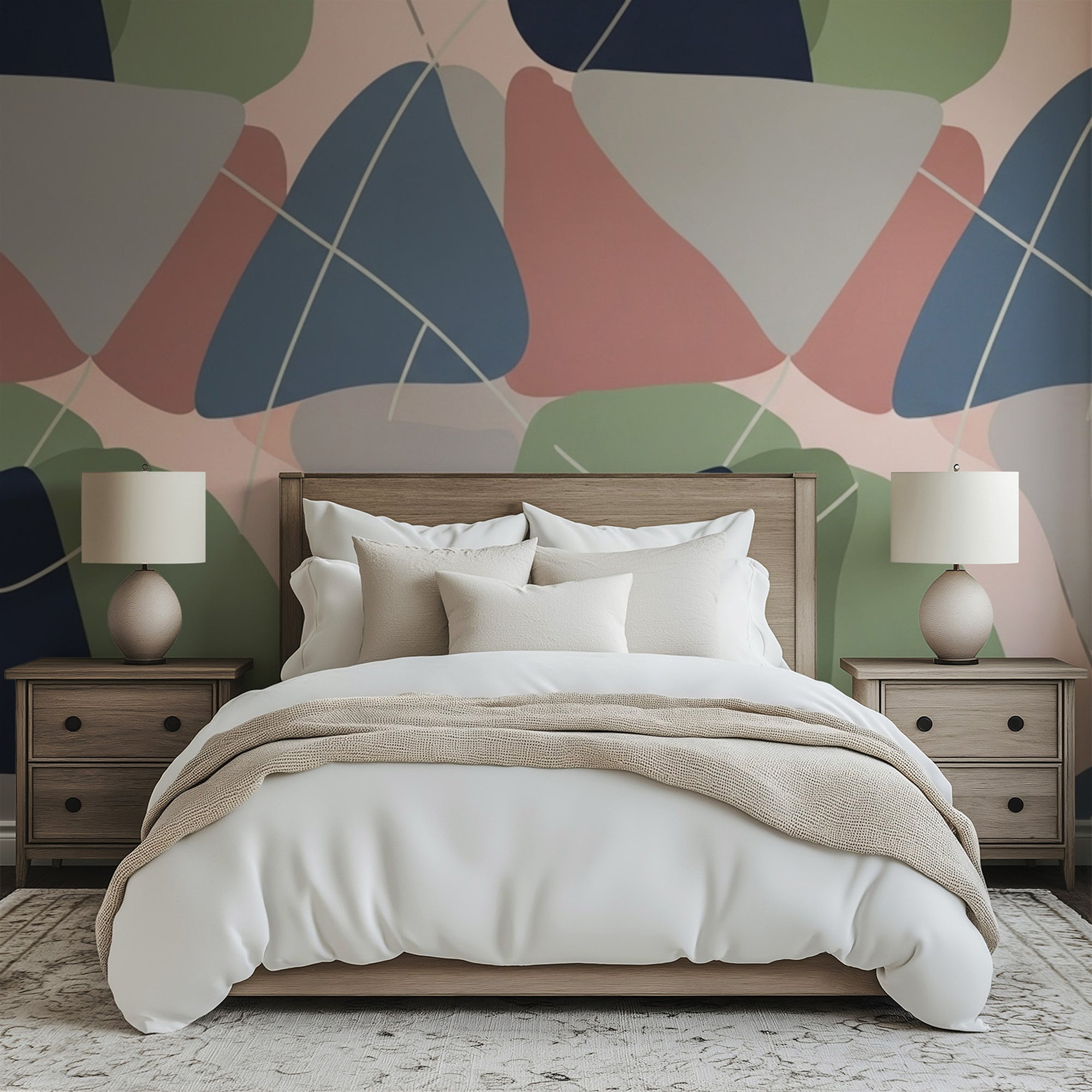 An abstract wallpaper design in the mid-century modern style, characterized by intersecting thin lines and layered organic forms in a palette of navy blue, soft gray, muted pink, and sage green