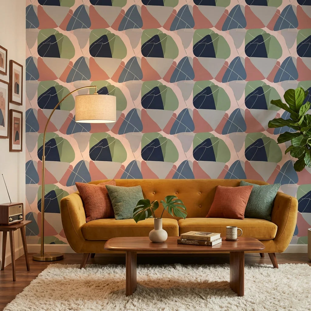 Boho Shape Overlap abstract earthy wallpaper in a warm and inviting living room