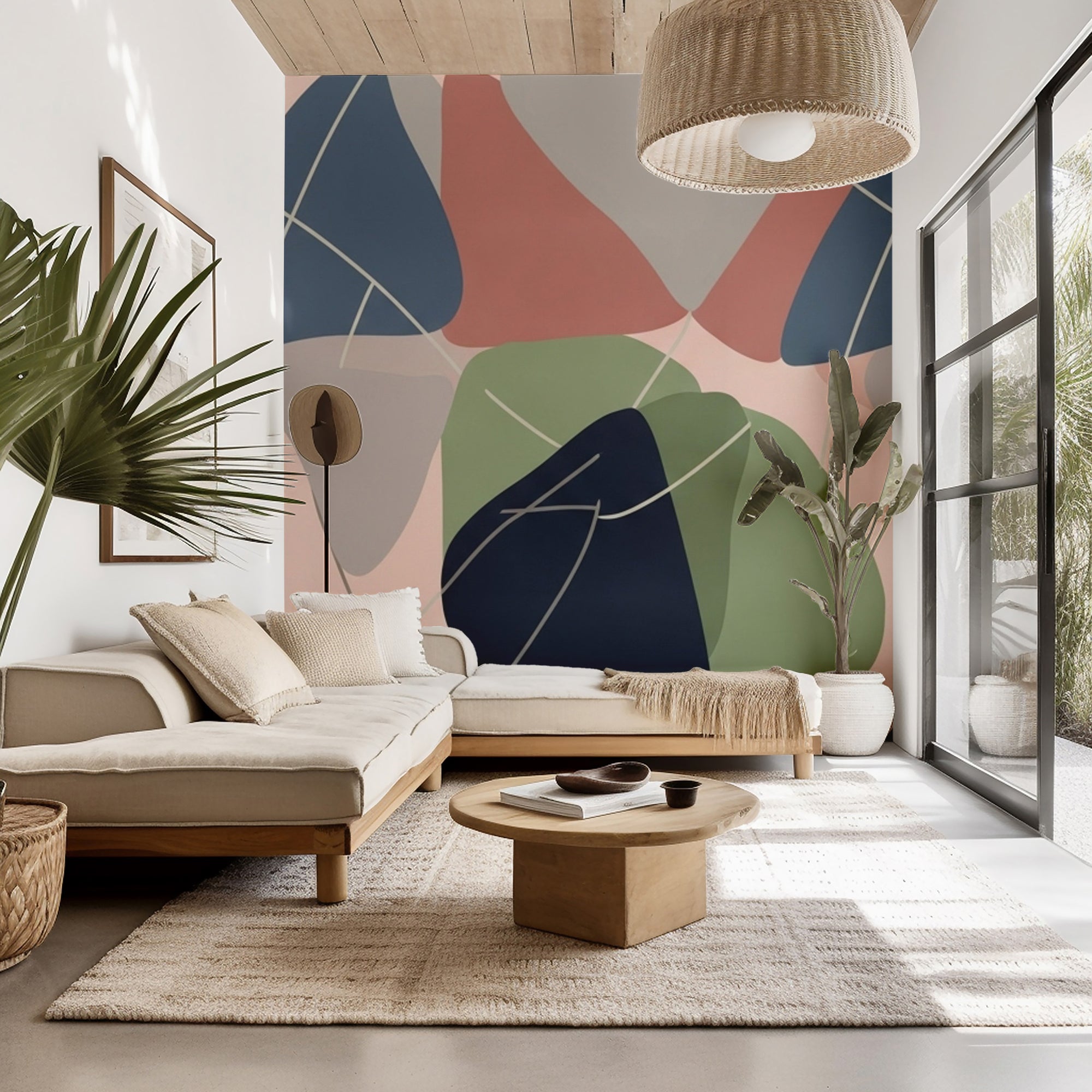 Wallpaper design showing overlapping, flowing organic shapes. This mid-century modern abstract piece features colors like navy, sage green, blush pink, and pale gray, complete with delicate intersecting lines.