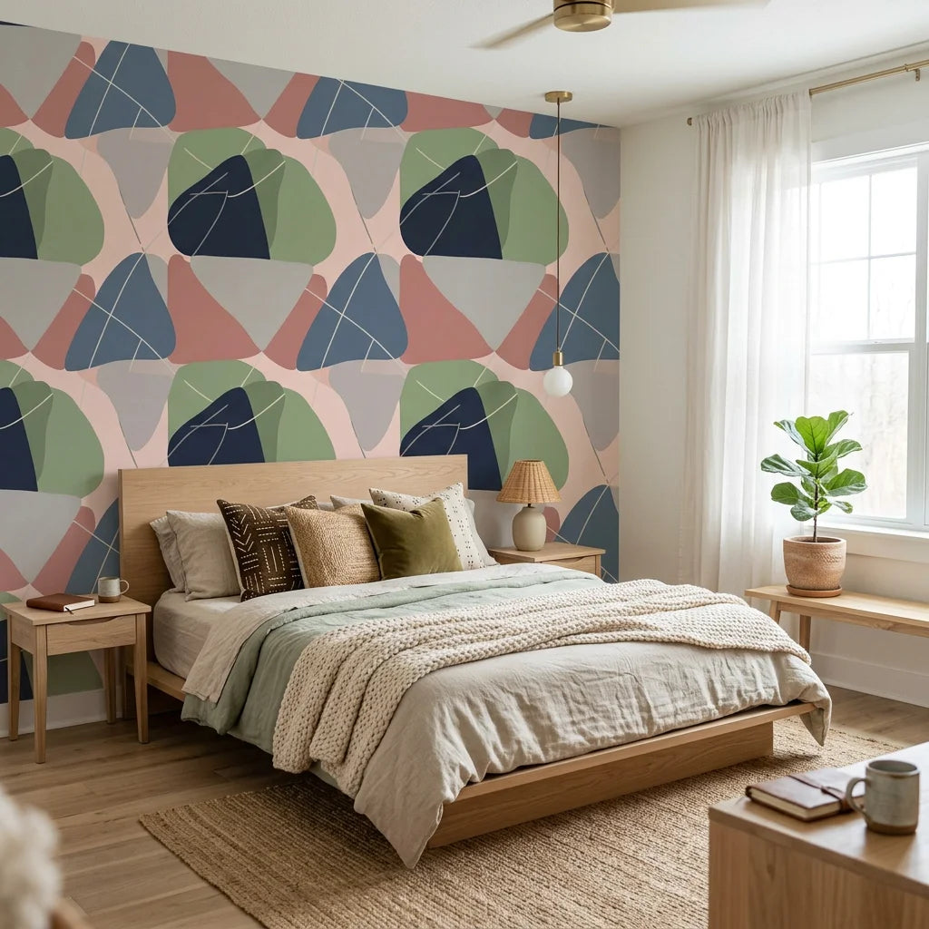 Boho Shape Overlap abstract earthy wallpaper adding character to a cozy bedroom