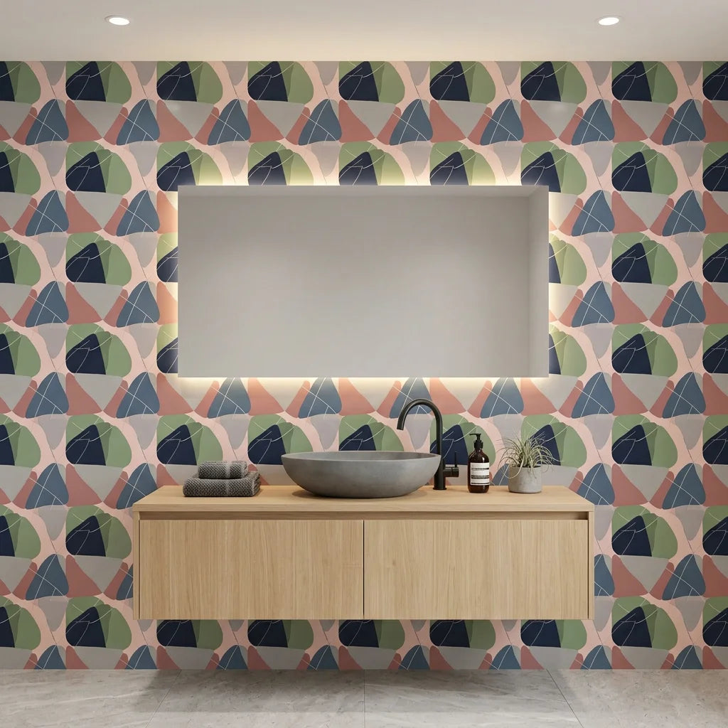 Boho Shape Overlap abstract earthy wallpaper creating ambiance in a serene bathroom