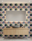 Boho Shape Overlap abstract earthy wallpaper creating ambiance in a serene bathroom