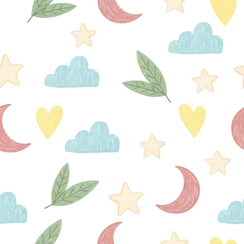 A dreamy, soft white wallpaper pattern featuring dispersed pastel illustrations of moons, clouds, stars, hearts, and leaves