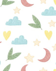 A dreamy, soft white wallpaper pattern featuring dispersed pastel illustrations of moons, clouds, stars, hearts, and leaves