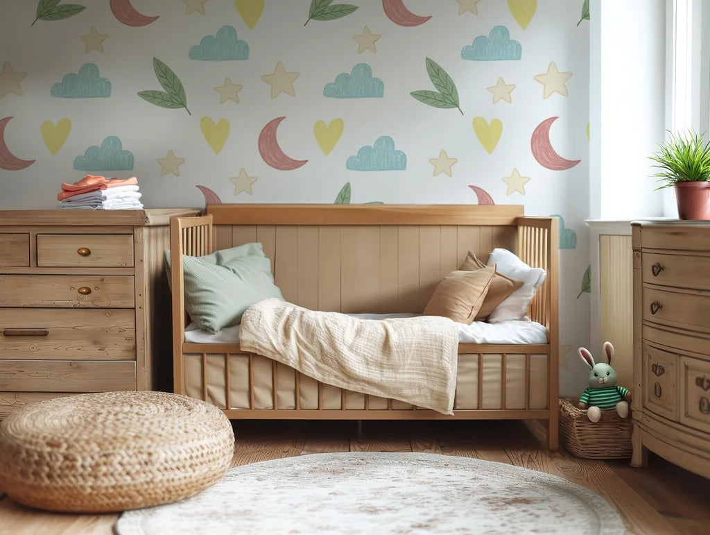 A soft white wallpaper, suitable for a nursery, featuring a scattered pattern of whimsical pastel elements: stars, moons, clouds, hearts, and foliage