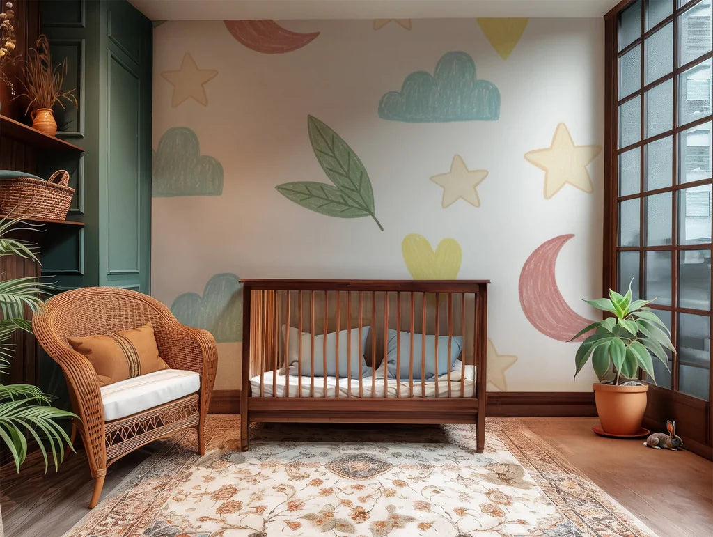 Hearts, leaves, clouds, stars, and moons in soft pastel hues are dispersed over the creamy white backdrop of this whimsical wall covering