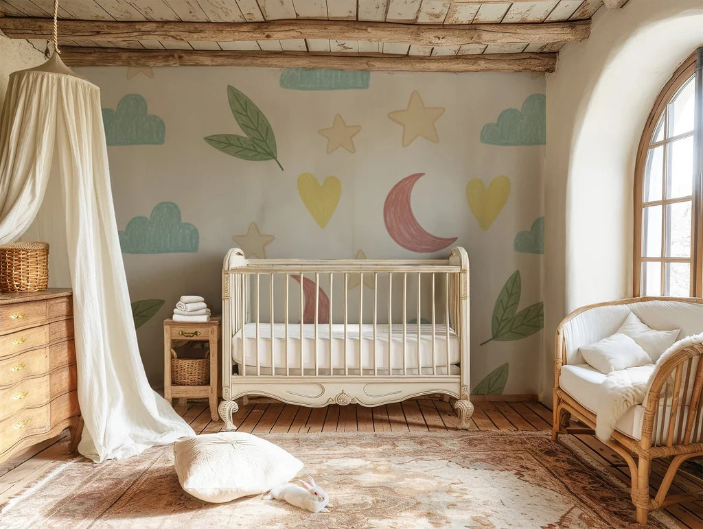 This fanciful wallpaper displays an array of pastel elements: stars, hearts, moons, leaves, and fluffy clouds, all arranged randomly on a creamy white surface
