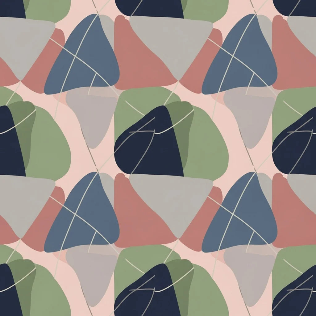 An abstract, mid-century modern wallpaper pattern featuring organic, layered forms. It uses a muted color scheme of sage green, navy blue, soft gray, and pink, accented by fine crosshatching lines.