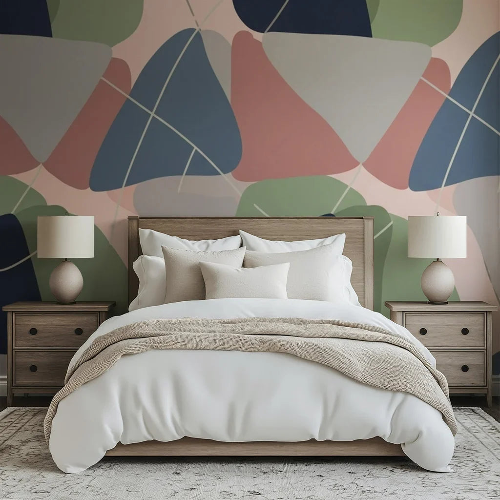 An abstract wallpaper design in the mid-century modern style, characterized by intersecting thin lines and layered organic forms in a palette of navy blue, soft gray, muted pink, and sage green