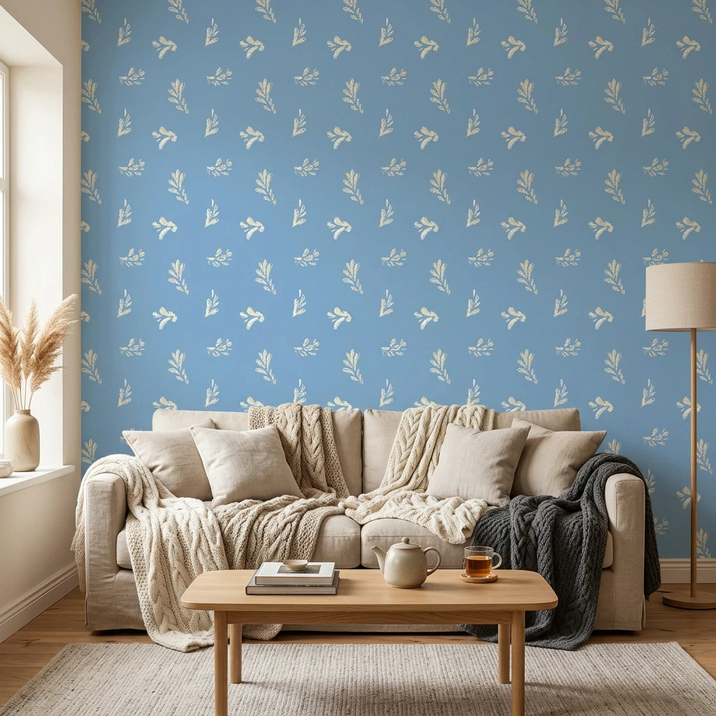 Borrowed Blue serene blue botanical sprig wallpaper in a warm and inviting living room