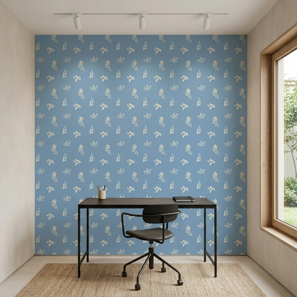 Borrowed Blue serene blue botanical sprig wallpaper as a feature wall in a bright home office