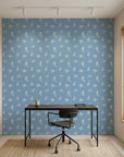 Borrowed Blue serene blue botanical sprig wallpaper as a feature wall in a bright home office