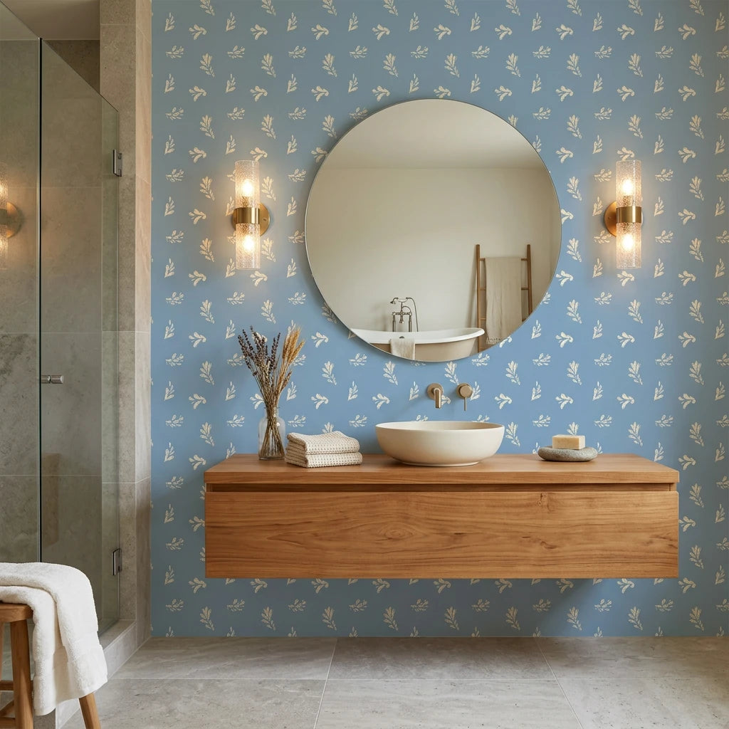 Borrowed Blue serene blue botanical sprig wallpaper creating ambiance in a serene bathroom