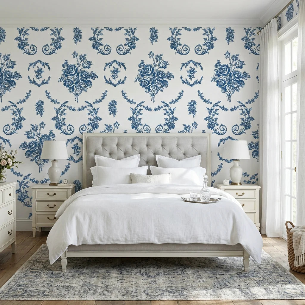 Botanica Grace classic blue rose toile wallpaper adding character to a cozy bedroom