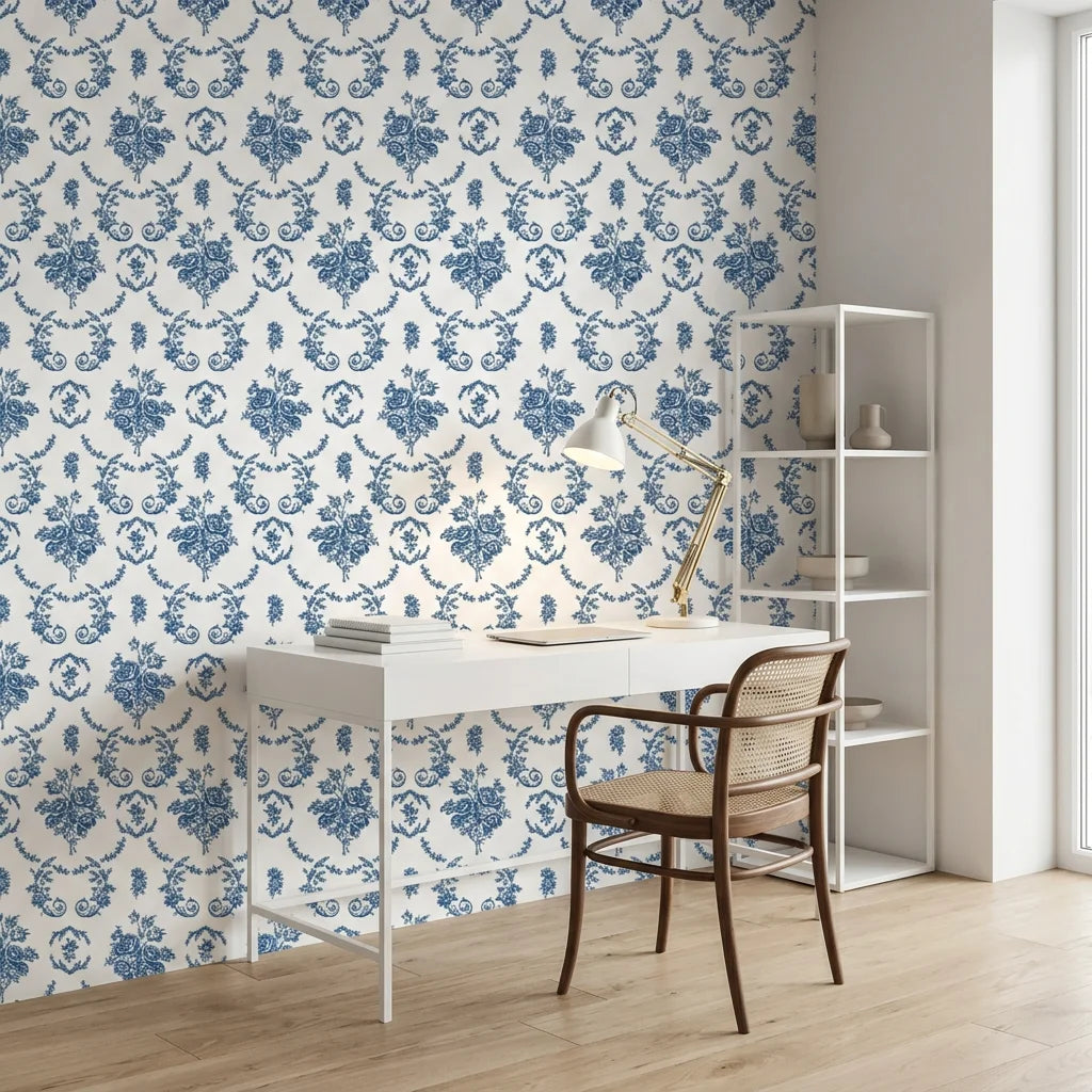 Botanica Grace classic blue rose toile wallpaper as a feature wall in a bright home office