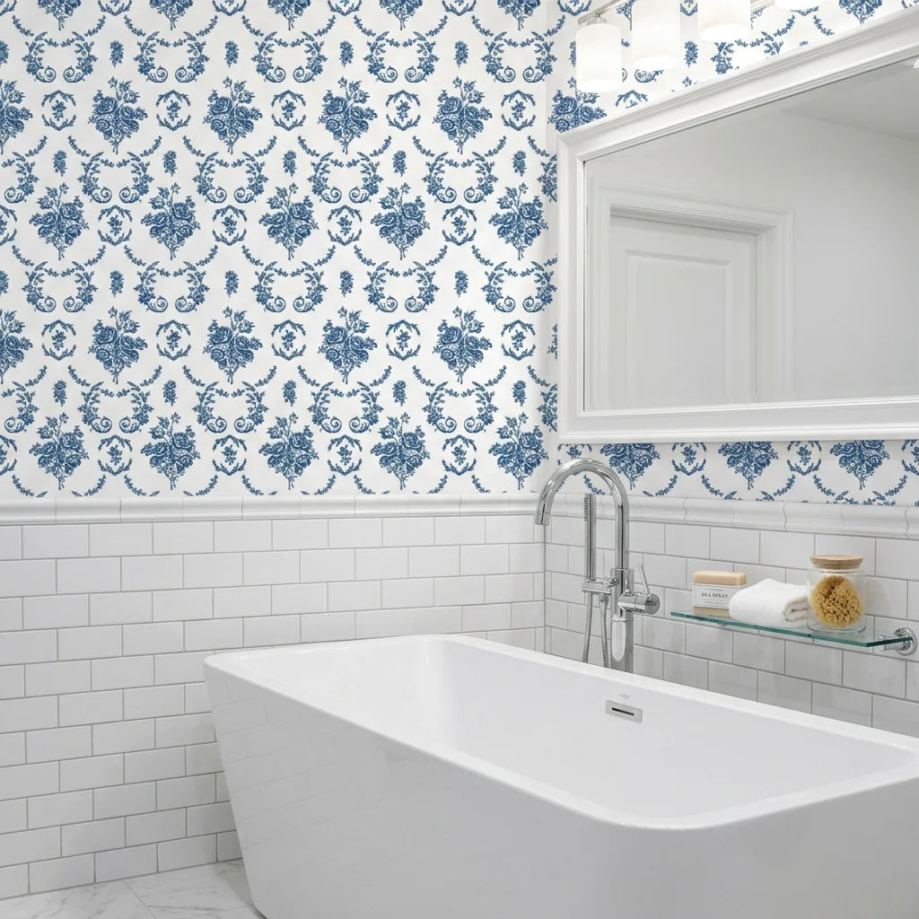 Botanica Grace classic blue rose toile wallpaper creating ambiance in a serene bathroom