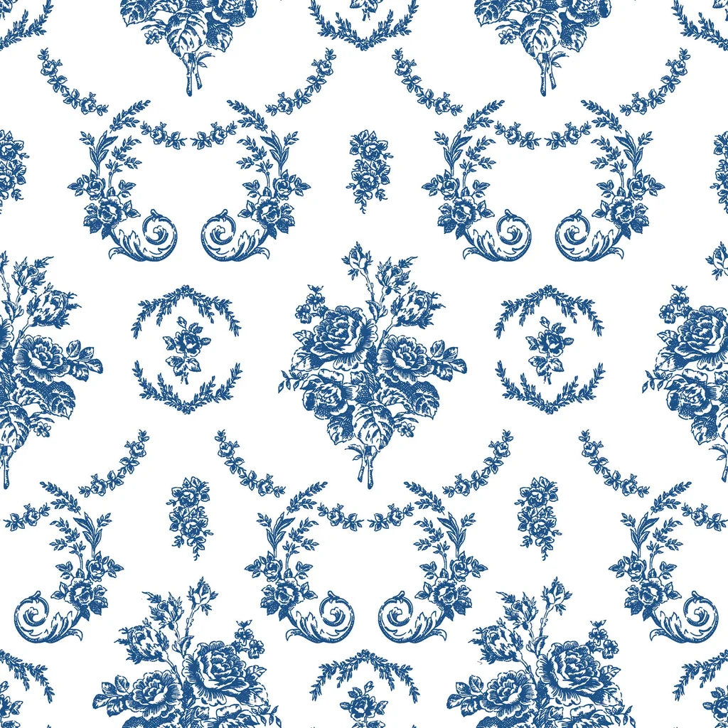 Classic blue and white Botanica Grace toile wallpaper featuring ornate floral bouquets and scrollwork in French country style