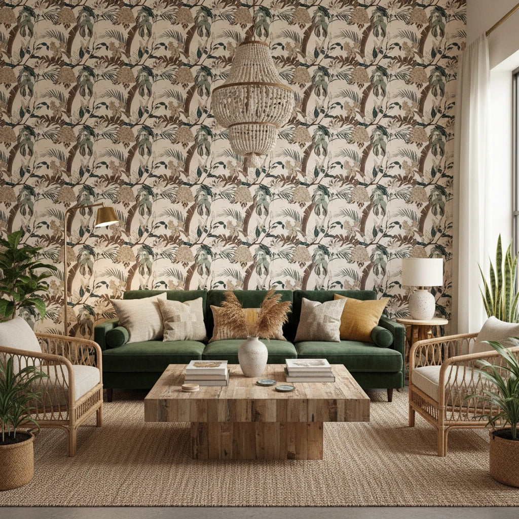 Botanist's Study sage botanical branch wallpaper in a warm and inviting living room