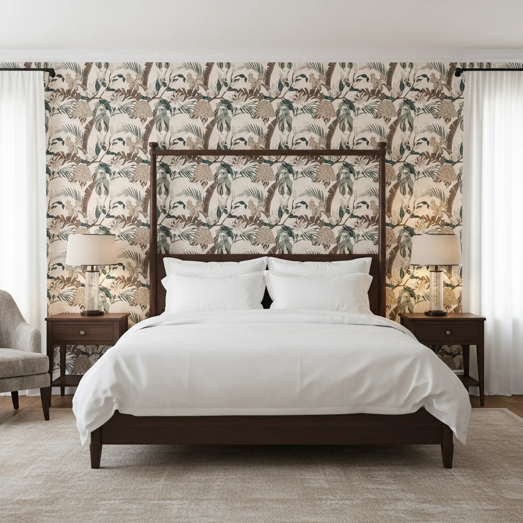 Botanist's Study sage botanical branch wallpaper adding character to a cozy bedroom