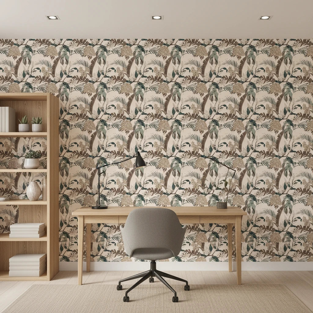 Botanist's Study sage botanical branch wallpaper as a feature wall in a bright home office