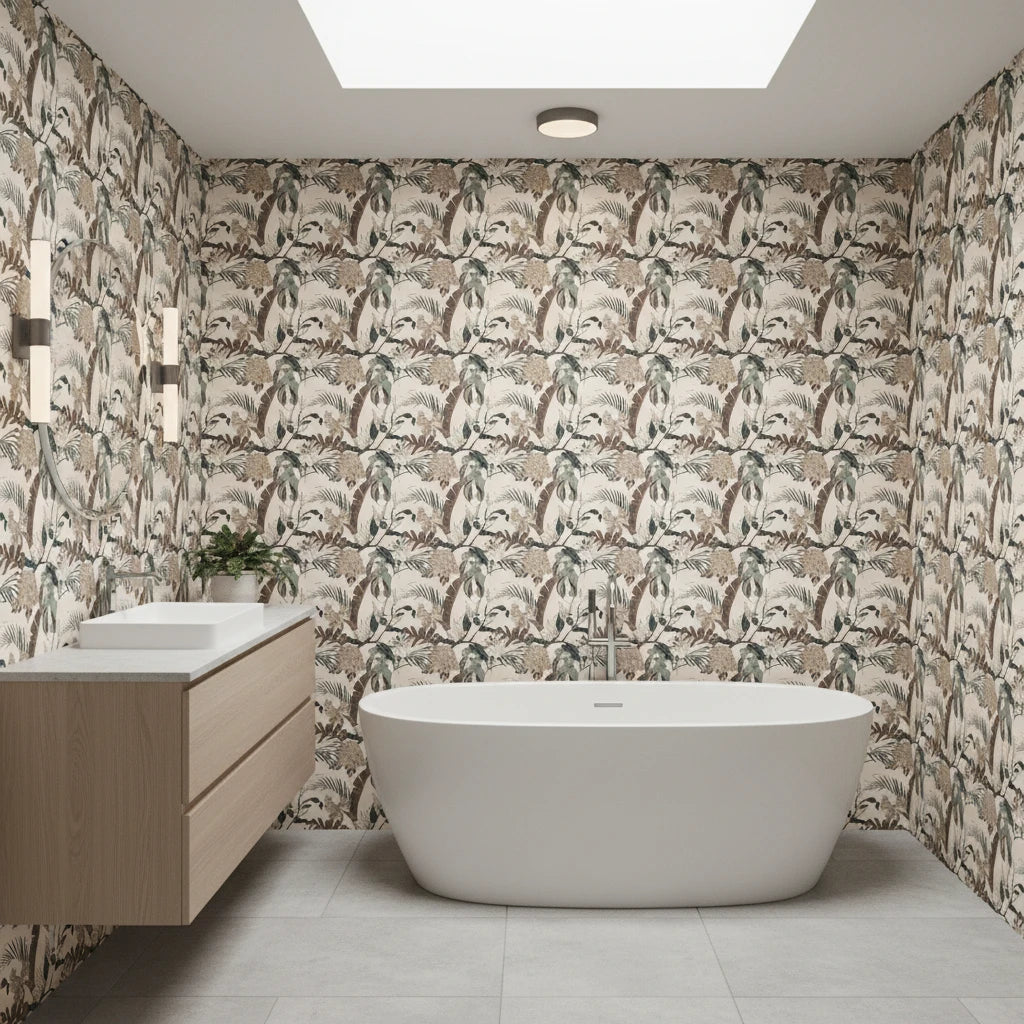 Botanist's Study sage botanical branch wallpaper creating ambiance in a serene bathroom