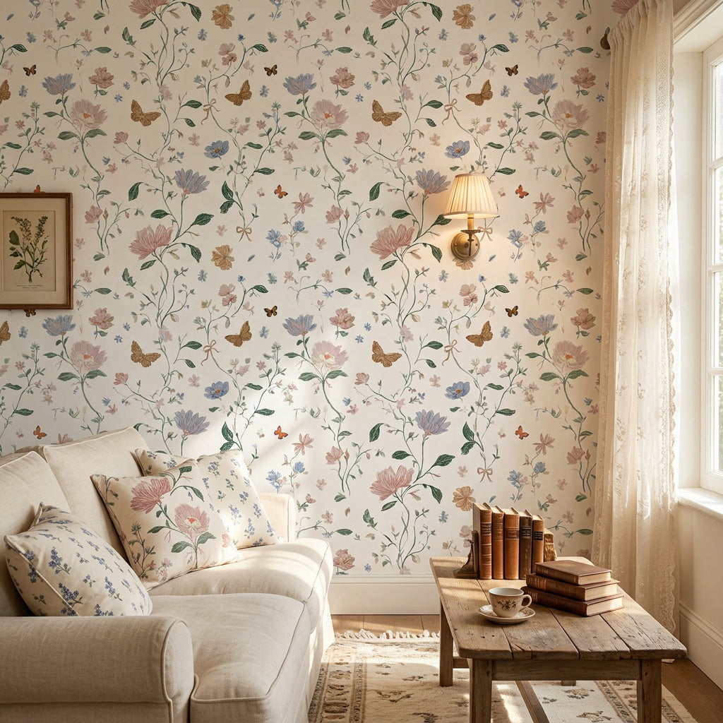 Bow & Bloom delicate wildflower floral wallpaper in a warm and inviting living room