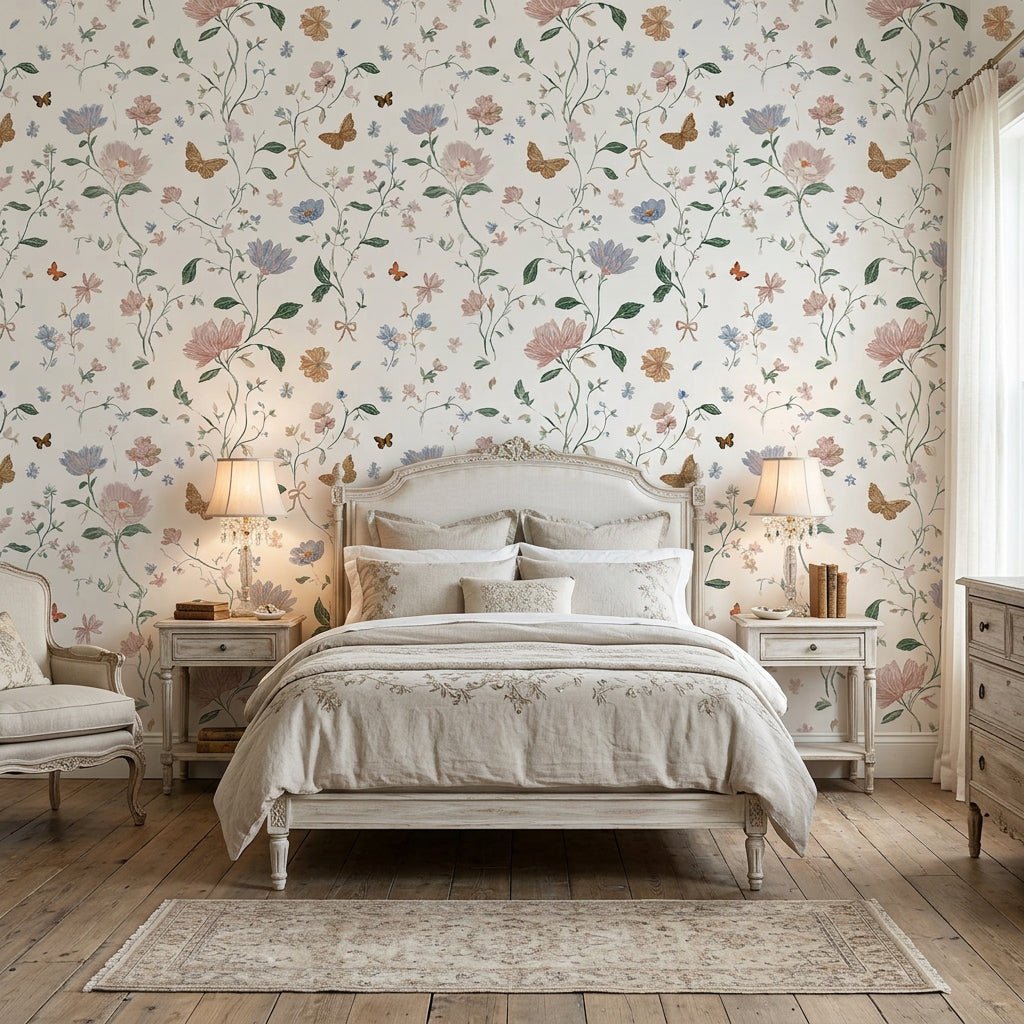 Bow & Bloom delicate wildflower floral wallpaper adding character to a cozy bedroom