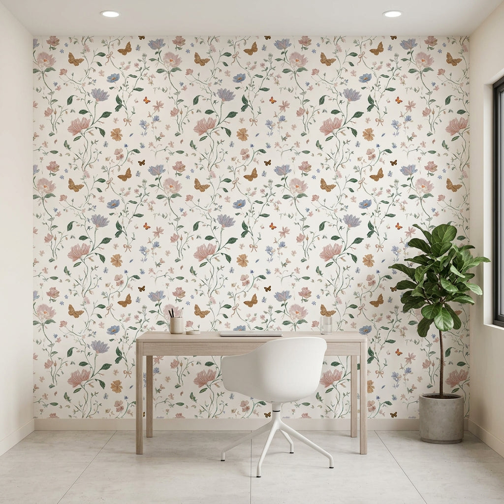 Bow & Bloom delicate wildflower floral wallpaper as a feature wall in a bright home office