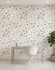 Bow & Bloom delicate wildflower floral wallpaper as a feature wall in a bright home office
