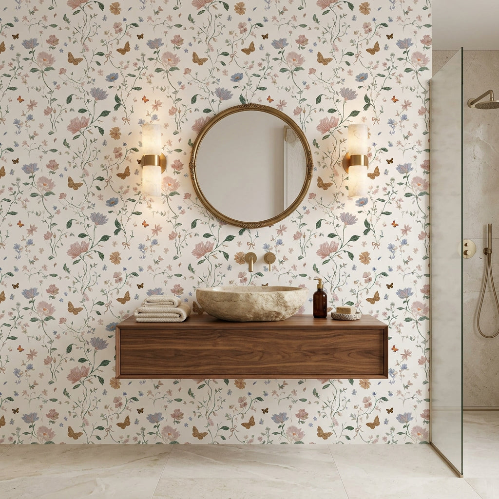 Bow & Bloom delicate wildflower floral wallpaper creating ambiance in a serene bathroom