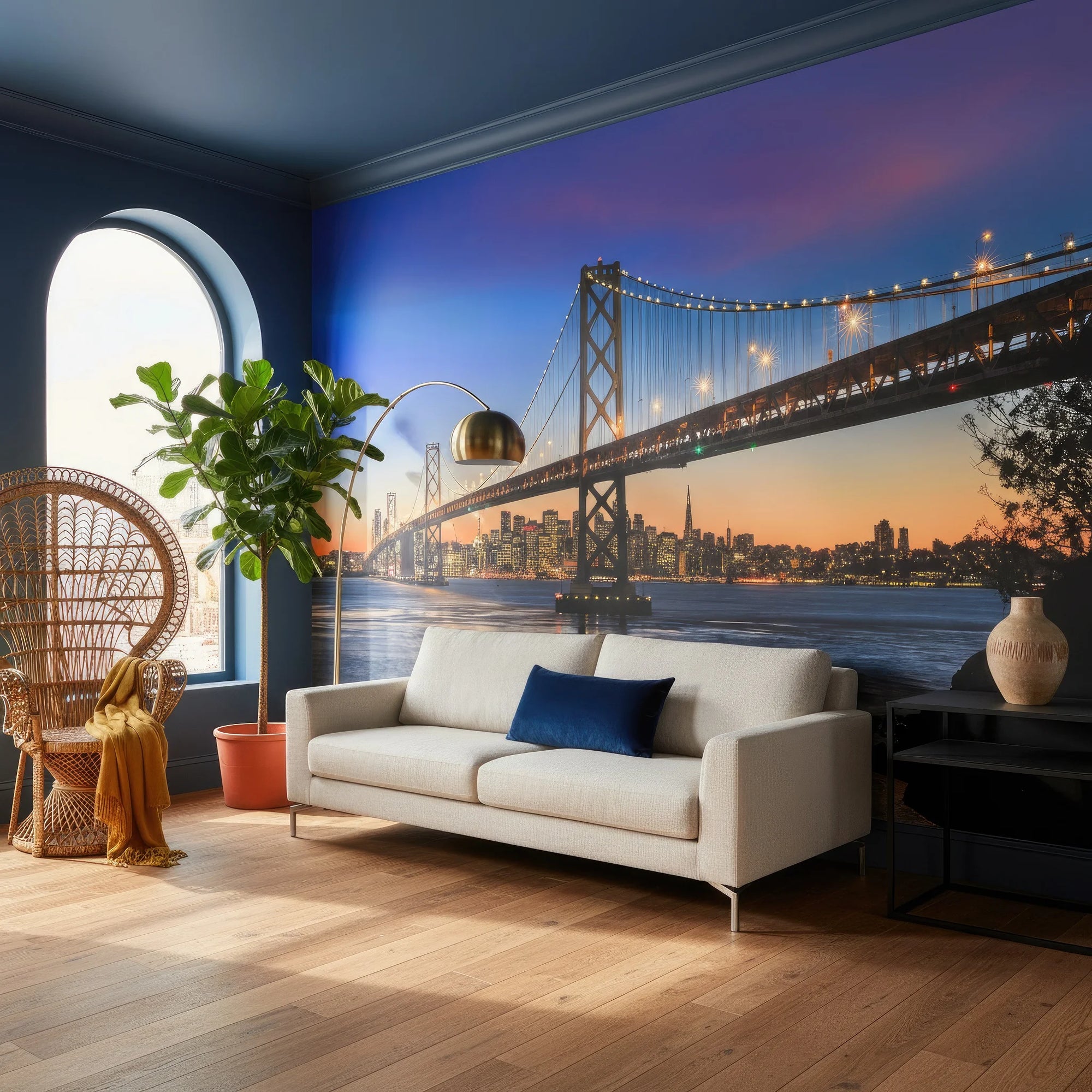 San Francisco Bay Bridge at twilight wallpaper mural in modern living room with blue and orange sunset tones