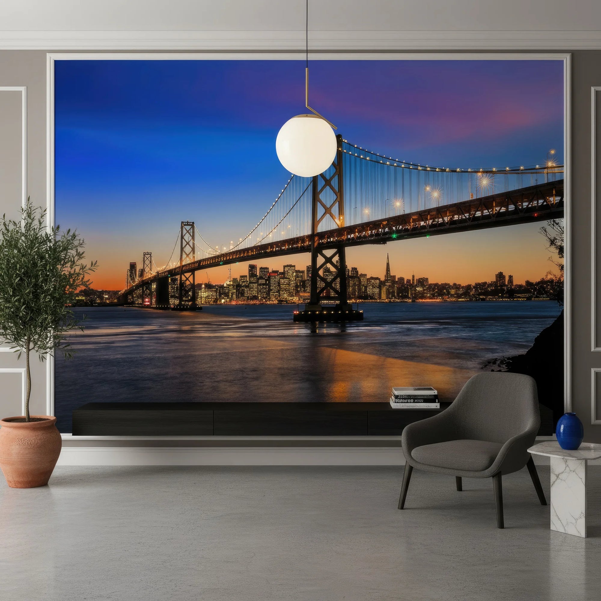 San Francisco Bay Bridge at sunset wall mural on modern living room accent wall