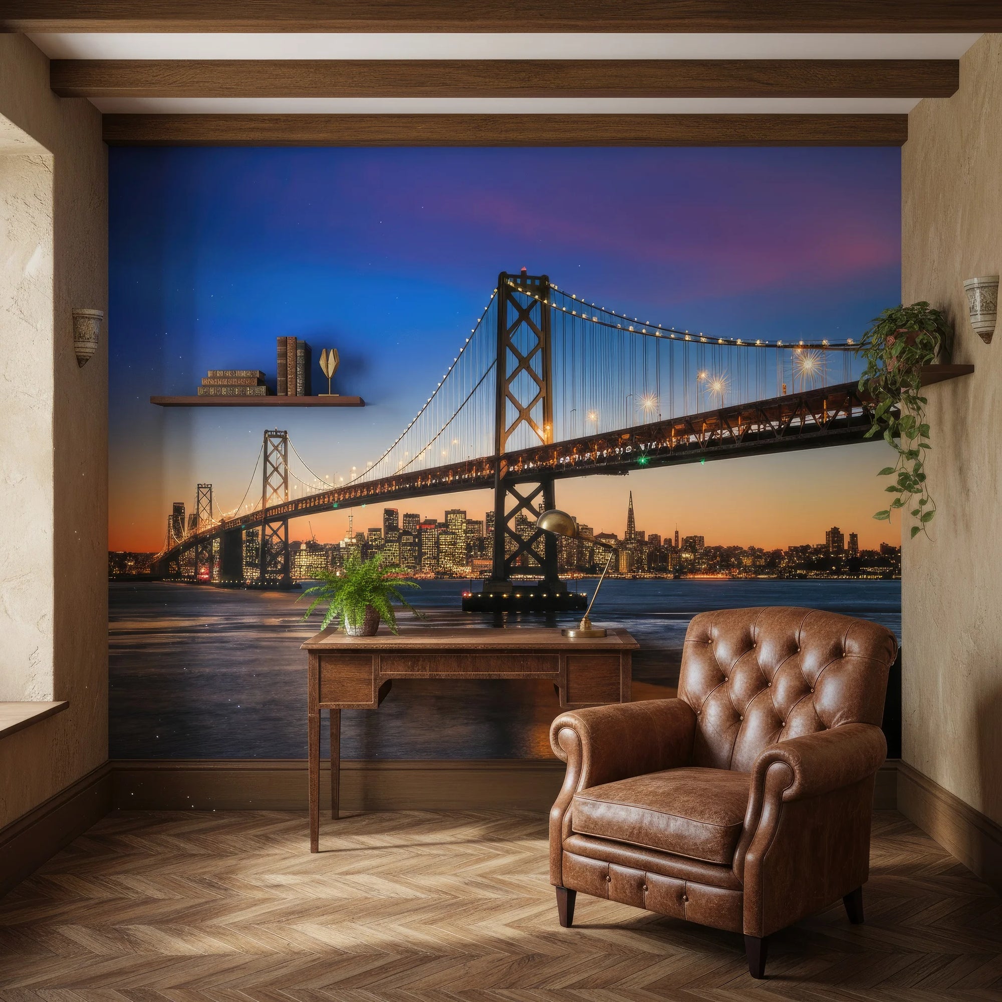 Bridges To Forever wallpaper mural featuring illuminated San Francisco Bay Bridge at twilight in home office setting