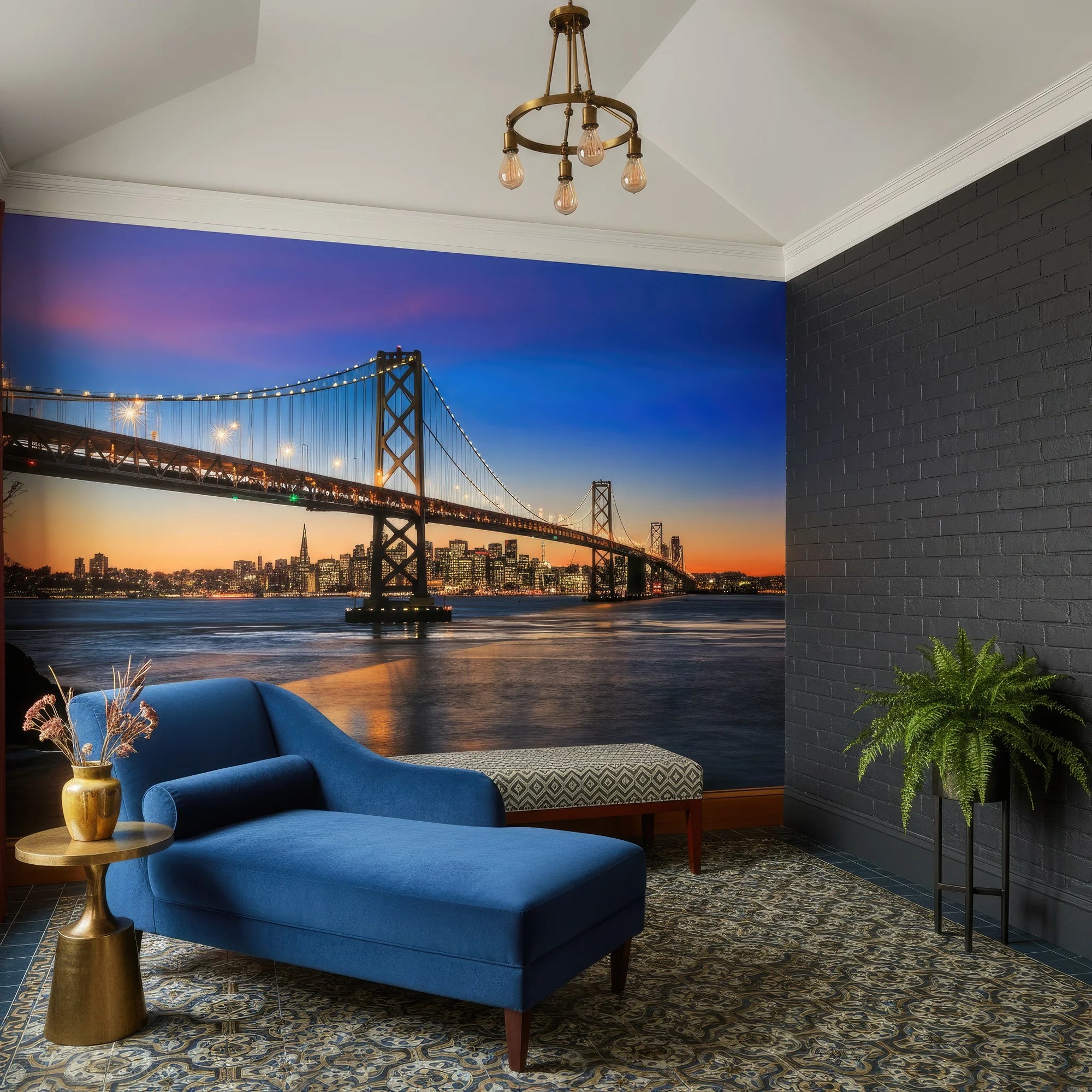 Blue and orange San Francisco Bay Bridge sunset mural wallpaper in modern living room