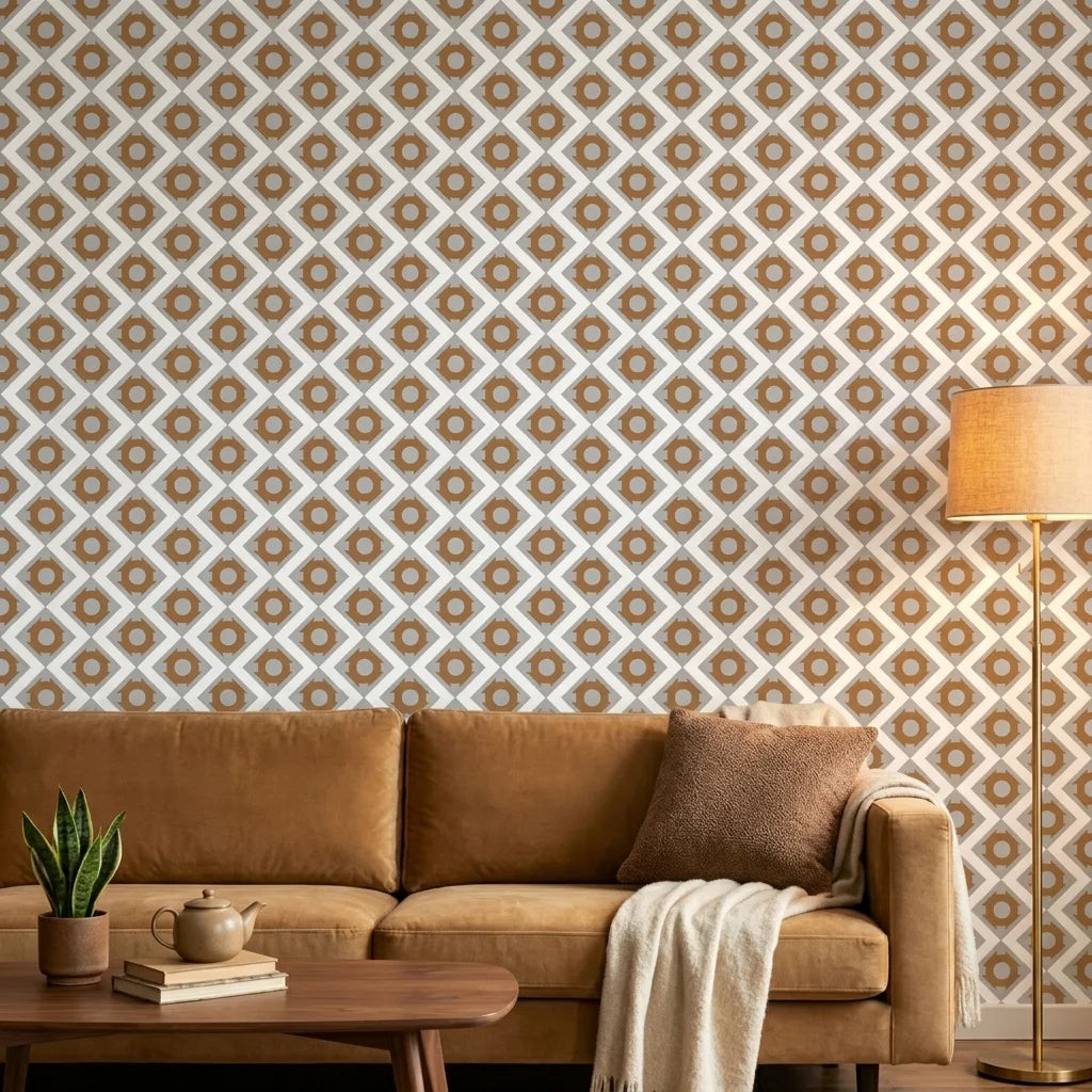 Bronze Compass bold geometric diamond tile wallpaper creating ambiance in a serene bathroom